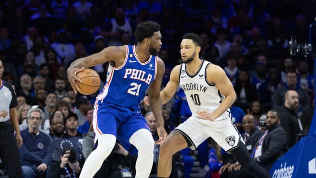 Philadelphia 76ers center Joel Embiid (21) controls the ball against Brooklyn Nets guard Ben Simmons (10)